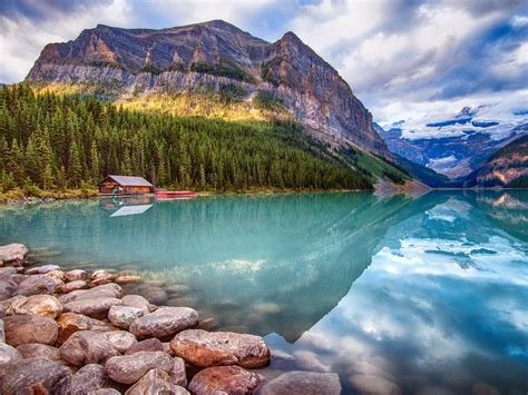Canada Parks Lake Mountains Forests Stones Scenery Lake Louise Banff