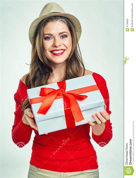 Smiling Girl Holding White T Box Stock Image Image Of Beautiful