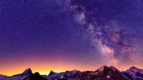 Snow Covered Mountain Under Violet Sky With Stars Hd Space