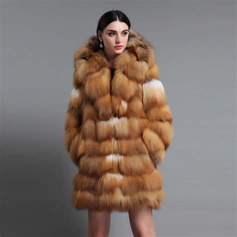 Fur Story 16192b Red Fox Womens Real Fox Fur Coat With Big Fur Hood