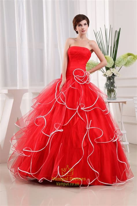 Strapless Red And White Wedding Dresses Red Ball Gown