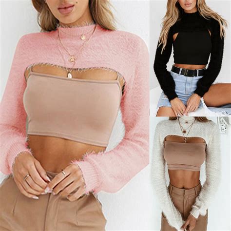 Autumn New Women Cropped Sweater Plush Turtleneck Long Sleeve Pullover Crop Top Shirts Spring