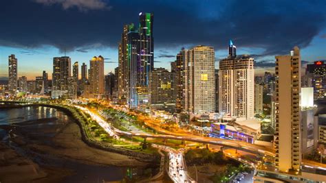City Skyline Illuminated At Night Panama City Royalty Free Video