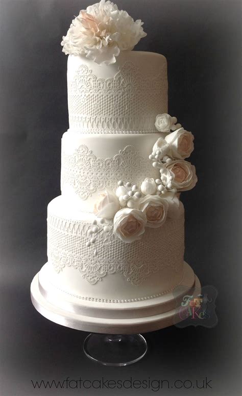 Edible Lace Wedding Cake With Soft Pastel Sugar Flowers Half Cascade