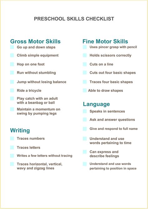 Preschool Checklist of Skills Template Sample
