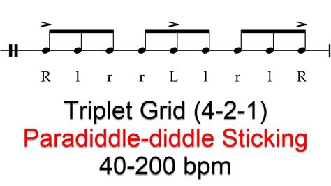 Paradiddle Diddle Sticking 40 200 Bpm Play Along Triplet Grid Drum