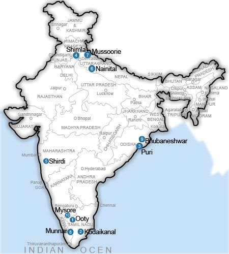 Find Mussoorienainital And Ranikhet On Map Of India