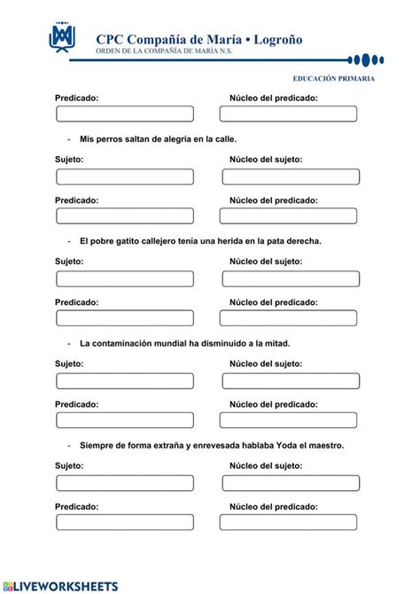 Ficha De Sujeto Y Predicado Para 4 Liveworksheets Com Kulturaupice