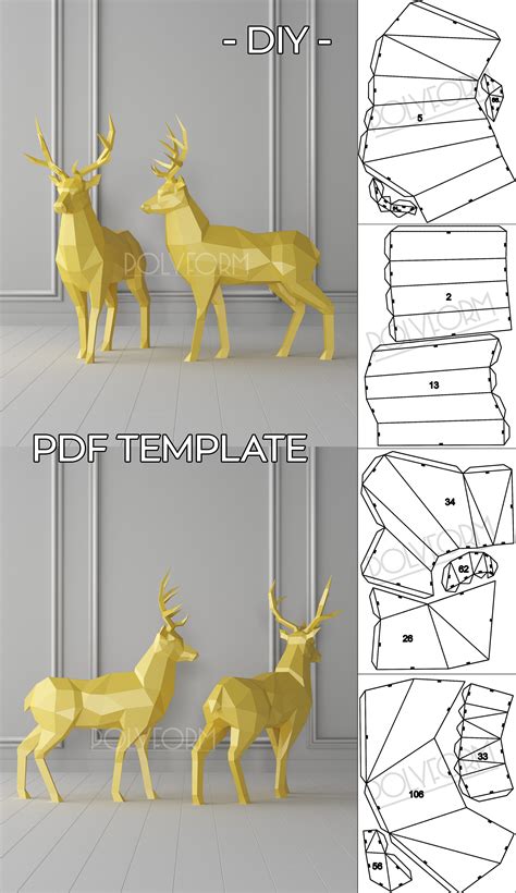Deer Low Poly Christmas Papercraft New Year Decor Pdf Template Etsy