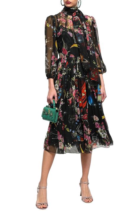 Dolce Gabbana Pussy Bow Printed Silk Chiffon Midi Dress Sale Up To