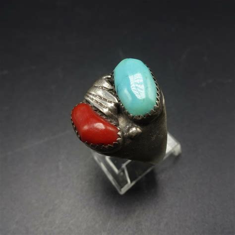 Vintage NAVAJO Sterling Silver Turquoise Coral SIGNET RING Etsy