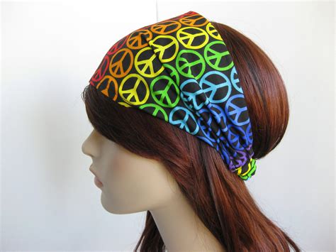 Rainbow Peace Sign Headband Womens Hippie Head Wrap Colorful Cotton