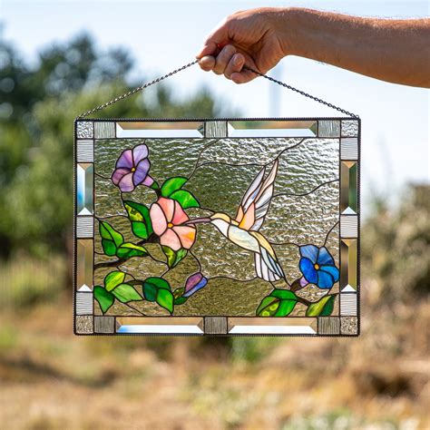 Flying To The Flower Hummingbird Stained Glass Panel For Window Decor