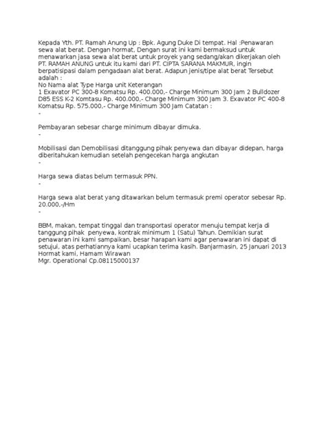 Saya yang bertanda tangan di bawah ini Contoh Surat Penawaran Alat Berat Excavator - Berbagai Alat