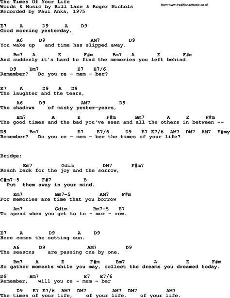 Song Lyrics With Guitar Chords For Times Of Your Life The Paul Anka