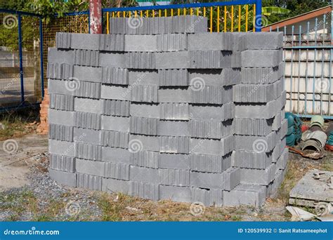 Gray Concrete Cinder Block Used For Wall Construction Stock Photo