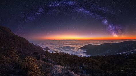 2048x1152 Cloud Landscape Milky Way Nature Night Panorama