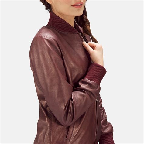 Womens Reida Maroon Leather Bomber Jacket