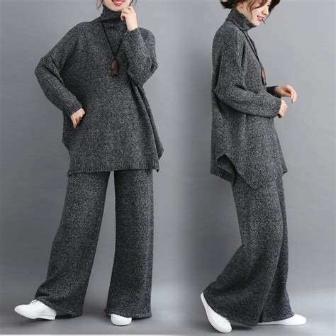 Plus Size Women 2 Pieces Pant Sets Casual 2019 New Turtleneck Knitted