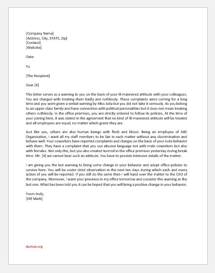 Warning Letter To Employee For Rude Behavior Document Hub