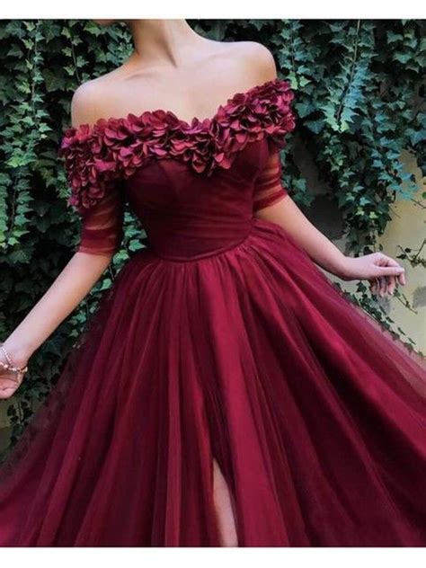 Burgundy Off The Shoulder Maroon Long Pom Dressessplit Side Tulle Ball