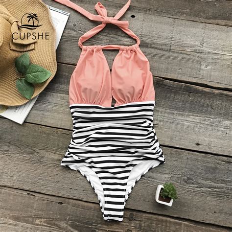 Cupshe Halter One Piece Swimsuit Women Bow Pink Black Stripe Bottom Colorblock Bodysuits