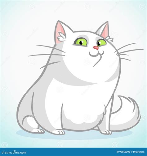 White Fat Cat With Green Eyes Sitting Vector Cartoon Cat Illustration