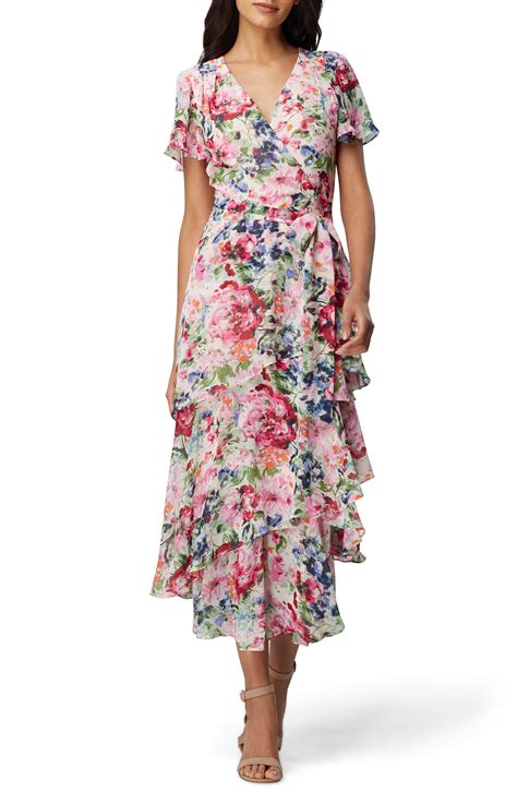 Womens Tahari Floral Print Ruffle Chiffon Midi Dress Size 12 Pink
