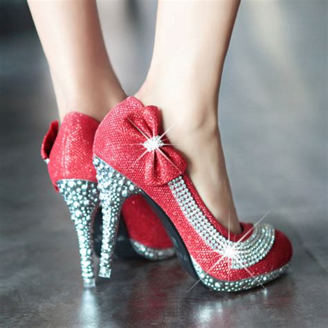 Red Rhinestone And Bow Embellished High Heels Shoes On Luulla