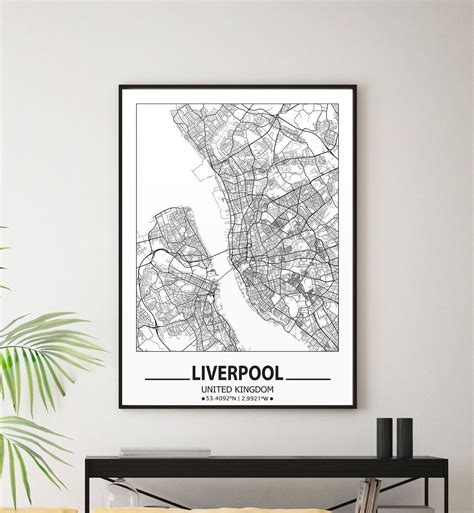 Dark land with white streets, roads and avenues. Liverpool map print, Liverpool wall art prints, Travel ...