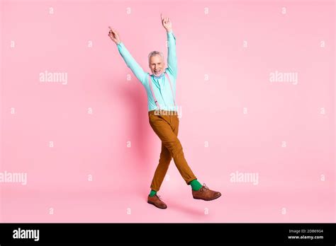 Full Length Body Size Photo Of Happy Old Man Dancing Pointing Fingers Up Dancing Wearing