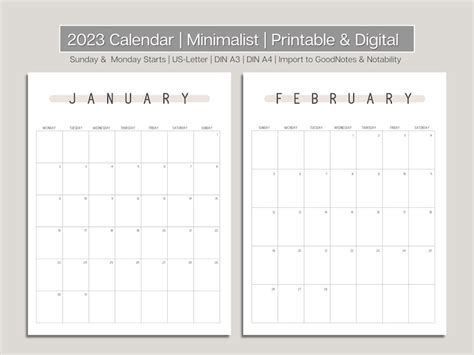 2023 Minimalist Line Printable Calendar Monthly Etsy