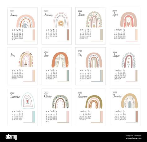 Calendar Template Year 2022 Boho Rainbows Abstract Vector Illustration