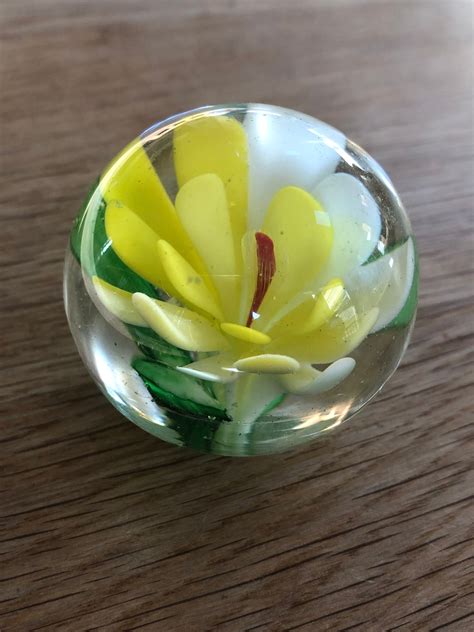 Vintage Yellow And Green Flower Glass Paperweight Etsy