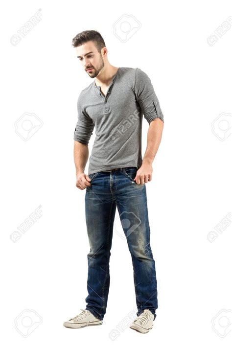 Young Male Standing Looking Down Full Body Length Portrait Isolated