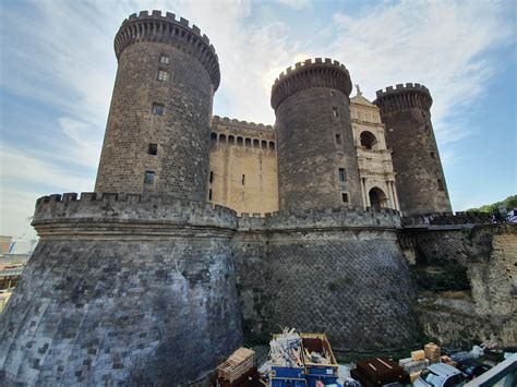 Castel Nuovo Naples Italy Medieval Fortress Facing The Deep Blue