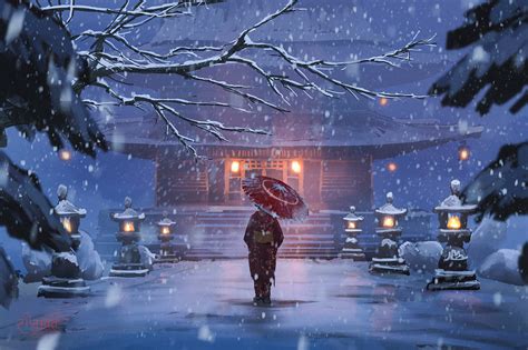 Visting A Japanese Temple On A Cold Snowy Evening By Surendra Rajawat