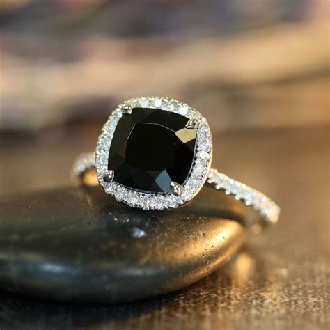 Black Spinel Halo Diamond Engagement Ring In 14k By Lamoredesign