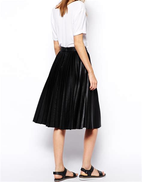Asos Pleated Midi Skirt In Leather Look In Black Lyst