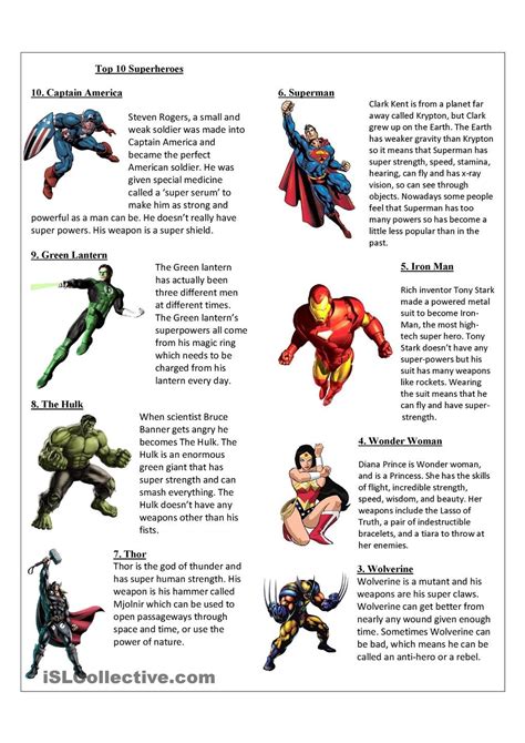 Top 10 Superheroes Reading Comprehension English Activities