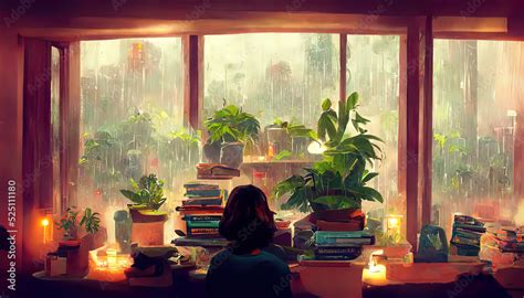 Lofi Girl Studying At Her Desk Rain Ourside Beautiful Chill Atmospheric Wallpaper K
