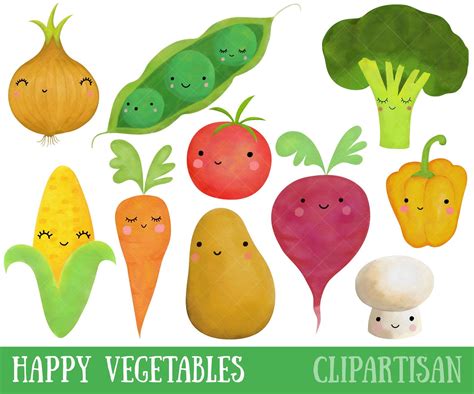 Happy Vegetables Watercolor Clipart Kawaii Clip Art Cute Etsy Clip