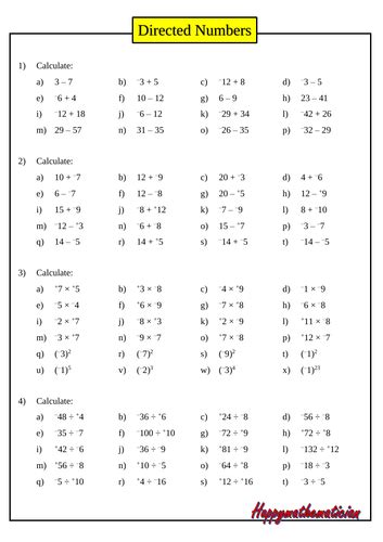 Directed Numbers 88 Questions With Answers Teaching Resources