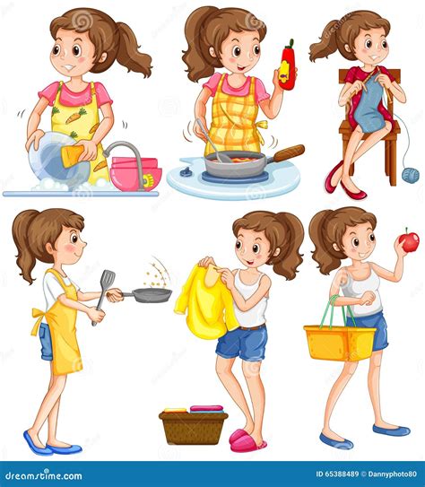 Housewife Doing Housework Women Cooking Meal Washing Clothes