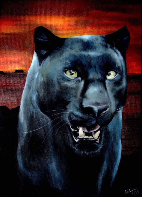 A Painting Of A Black Panther With Green Eyes