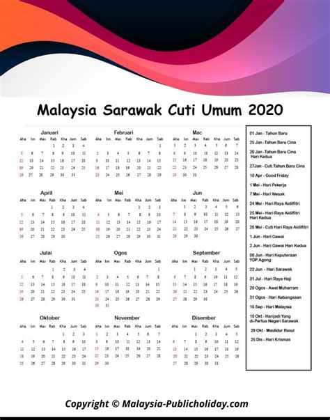 Kalendar berikut sudah dikemas kini dengan tarikh rasmi cuti umum / hari kelepasan am untuk tahun 2020. Sarawak Cuti Umum Kalendar 2020