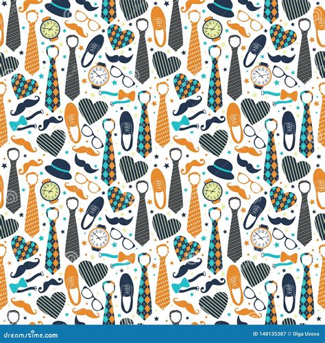 Seamless Pattern Of Fathers Day Flat Set Icons On White Background