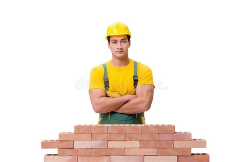 The The Handsome Construction Worker Building Brick Wall Stock Photo