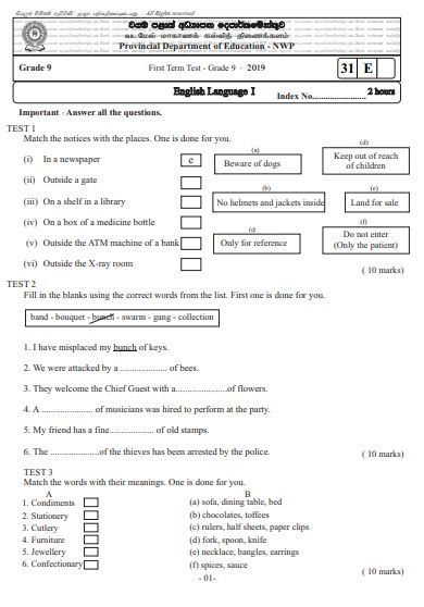 Grade 09 English 1st Term Test Paper With Answers 2019 North Western