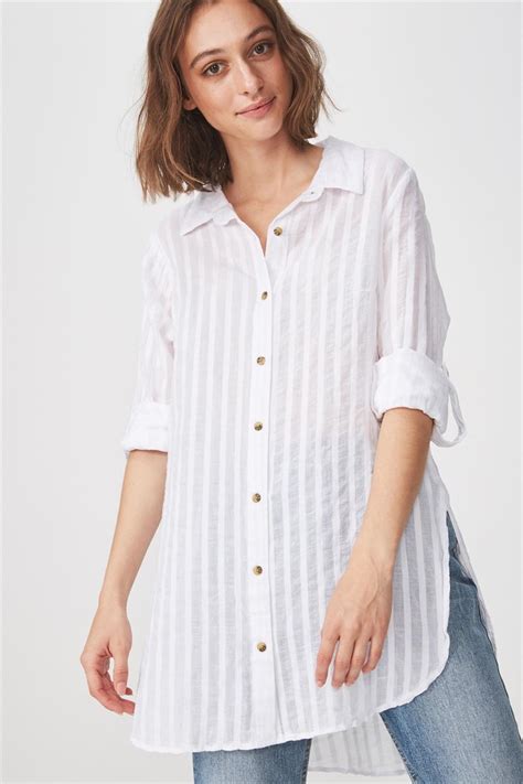 Longline Fashion Shirt White Textured Stripe Cotton On Shirts